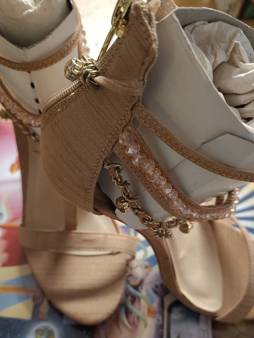 Anne Michelle Nude Heeled Sandals with Gold Chain & Crystal Trim